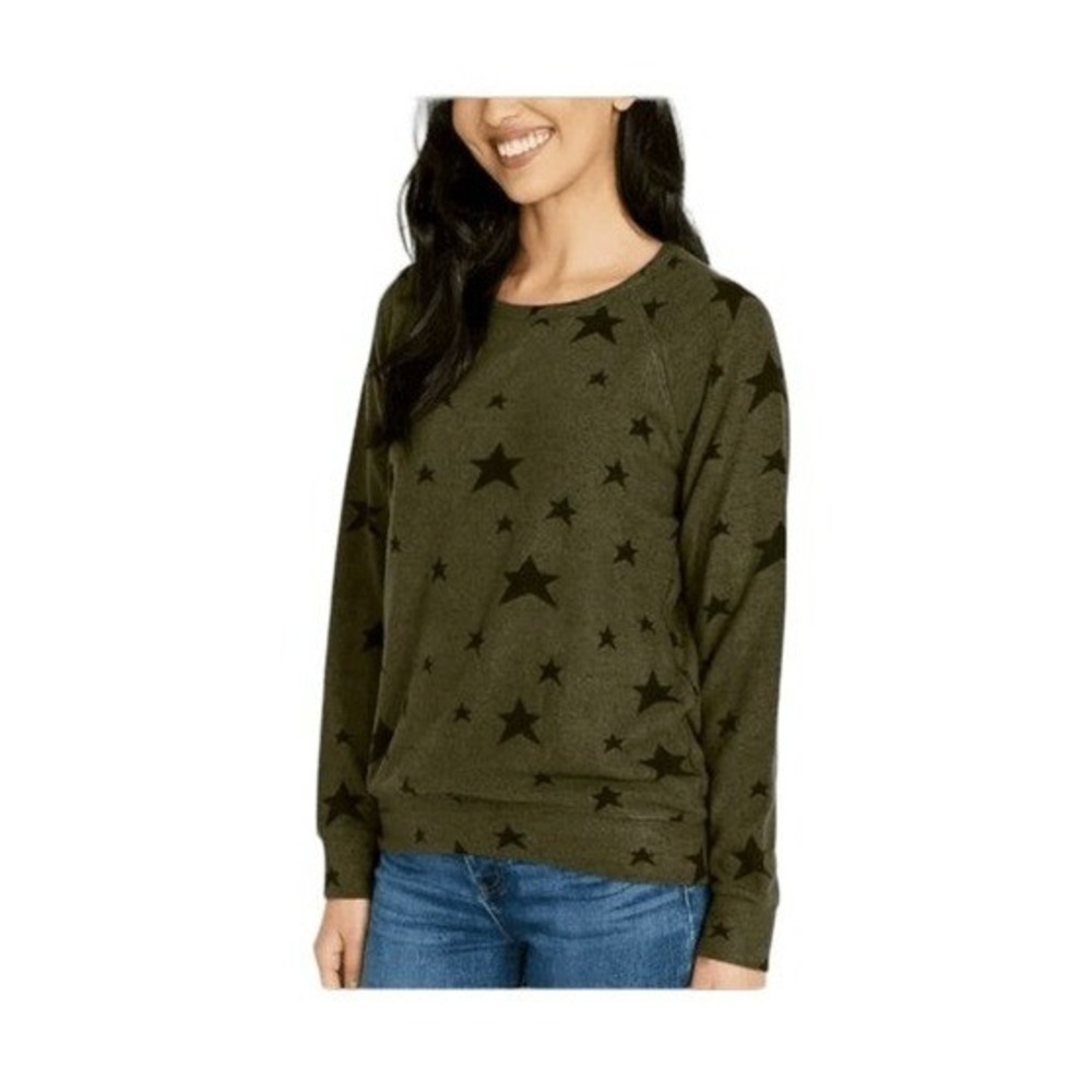 Buffalo David Bitton Star Print Sweater Army Green Soft Knit Crewneck Long Sleev